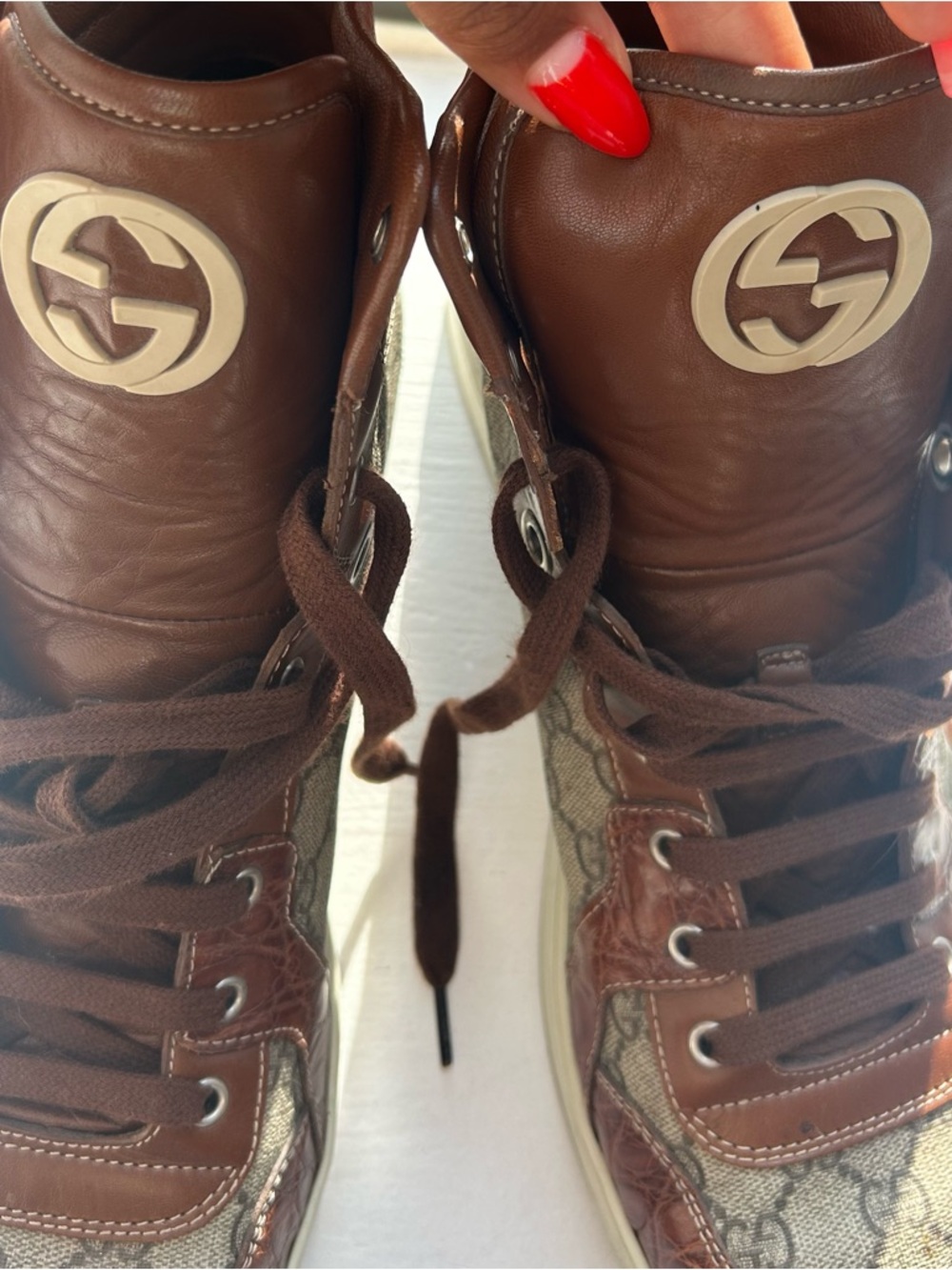 Men’s Gucci Imprime Crocodile Canvas GG High-Top Sneakers - Brown, Size 16 - Picture 2 of 15